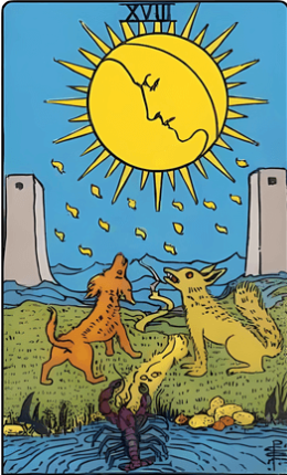 Carta de tarot La Luna de la baraja Rider-Waite