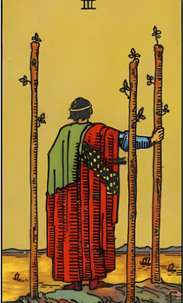 Tarotkortet Tre af stave fra Rider-Waite-sættet