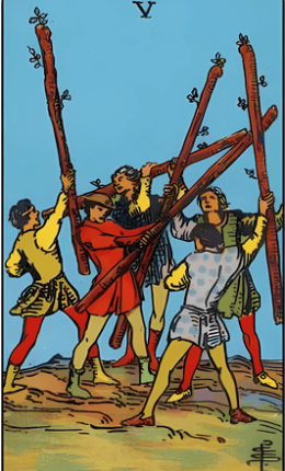 Tarotkortet Fem af stave fra Rider-Waite-sættet