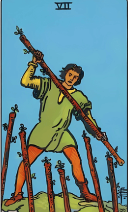 Tarotkortet Syv af stave fra Rider-Waite-sættet
