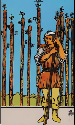 Tarotkortet Ni af stave fra Rider-Waite-sættet