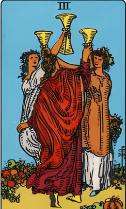 Tarotkortet Tre af bægre fra Rider-Waite-sættet