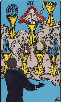 Tarotkortet Syv af Bægre fra Rider-Waite-sættet