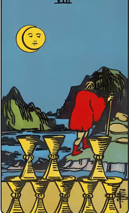 Tarotkortet Otte af bægre fra Rider-Waite-sættet