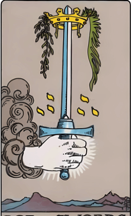 Tarot-kortti Miekkojen ässä Rider-Waite-pakasta