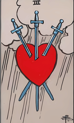 Tarotkortet Tre af Sværd fra Rider-Waite-sættet