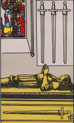 Tarotkortet Fire af Sværd fra Rider-Waite-sættet