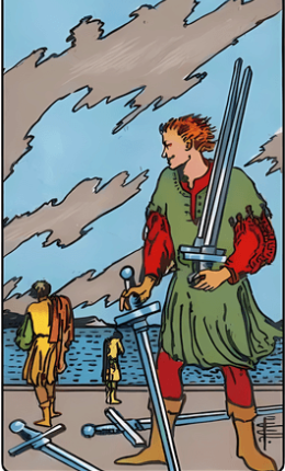 Tarotkortet Fem af Sværd fra Rider-Waite-sættet