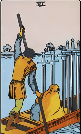 Tarotkortet Seks af Sværd fra Rider-Waite-sættet