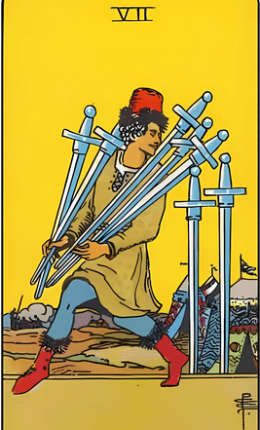 Tarotkortet Syv af Sværd fra Rider-Waite-sættet