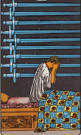 Tarotkortet Ni af Sværd fra Rider-Waite-sættet