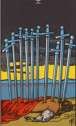 Tarotkortet Ti af Sverd fra Rider-Waite-sættet