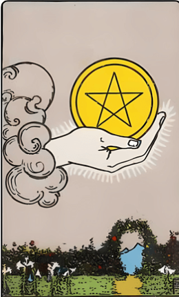 Tarotkortet Es i Mønter fra Rider-Waite-sættet