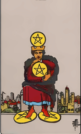 Tarotkortet Fire af Pentakler fra Rider-Waite-sættet