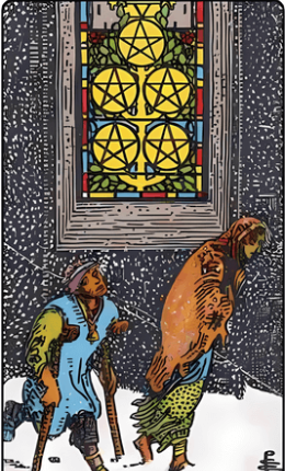 Tarotkortet Fem af Mønter fra Rider-Waite-sættet