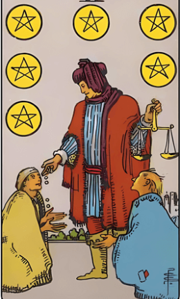 Tarotkortet Seks af Mønter fra Rider-Waite-sættet