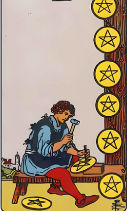 Tarotkortet Otte af Pentakler fra Rider-Waite-sættet