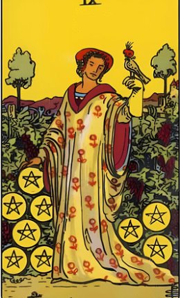 Tarotkortet Ni af Pentakler fra Rider-Waite-sættet
